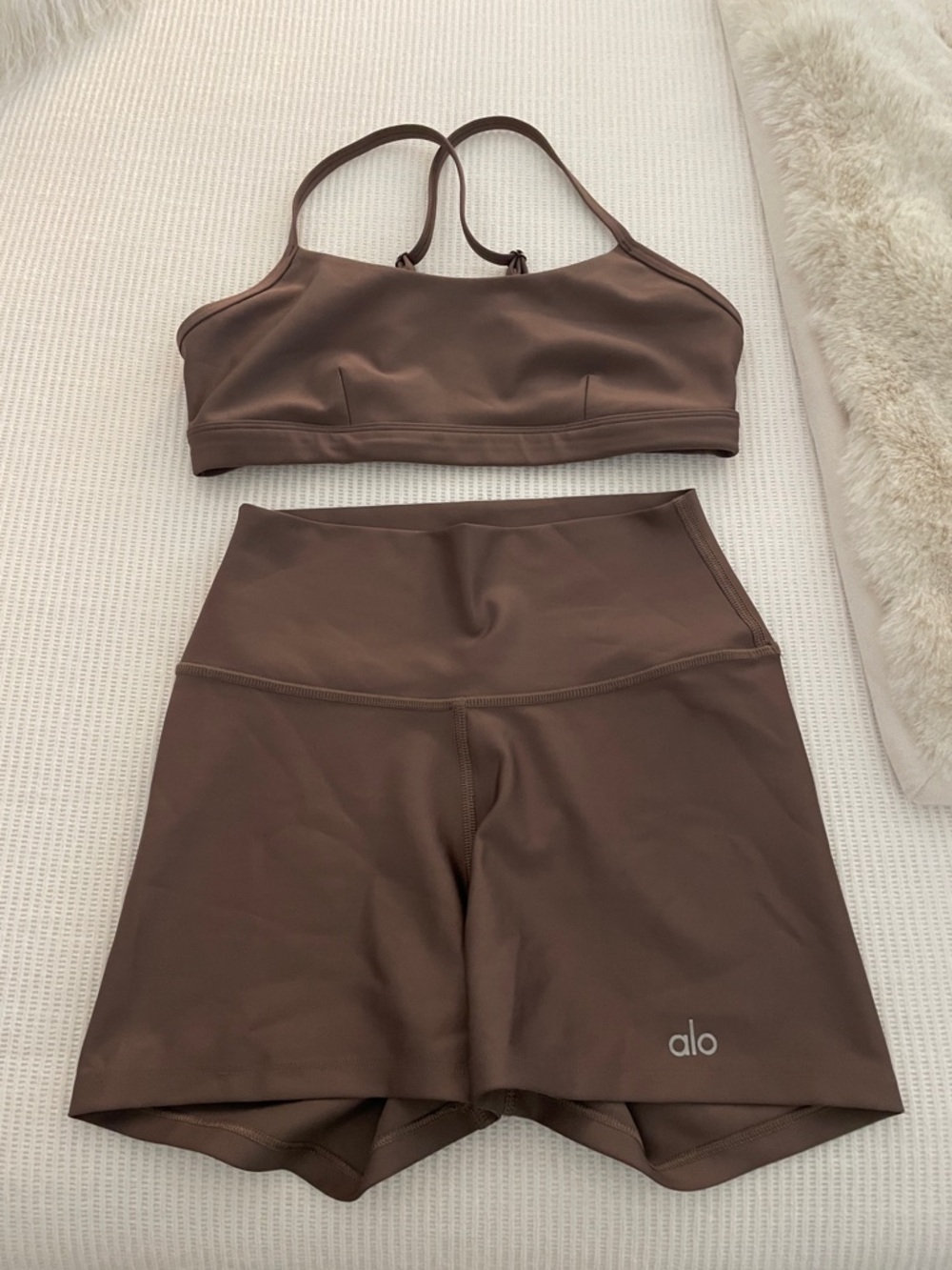 Alo Brown Active Crop Top & High-Waist Shorts Set, XS and XXS